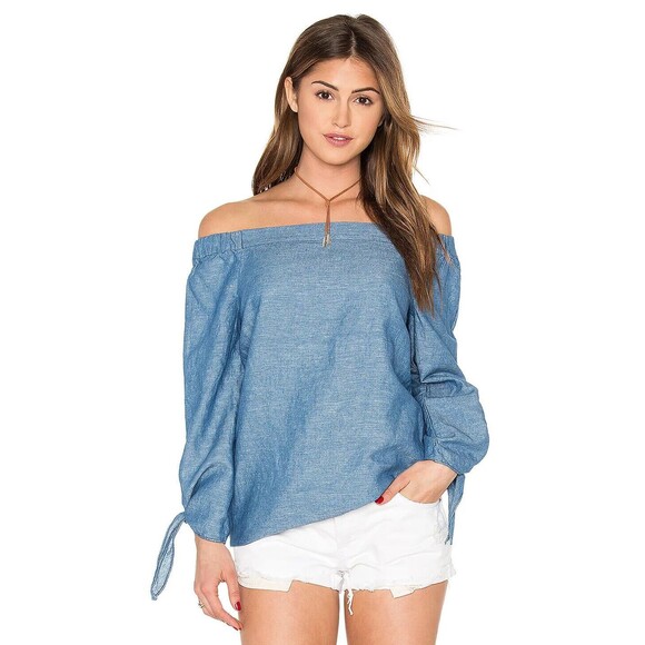 NWT FREE PEOPLE OB481321 Blue Linen Chambray Show Some Shoulder Top SIZE SMALL - Picture 1 of 14